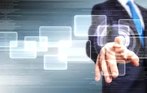 Business person working with modern virtual technology A professional's hand selecting options on a futuristic digital screen, representing the 'Configure' step in a quote-to-cash solution.