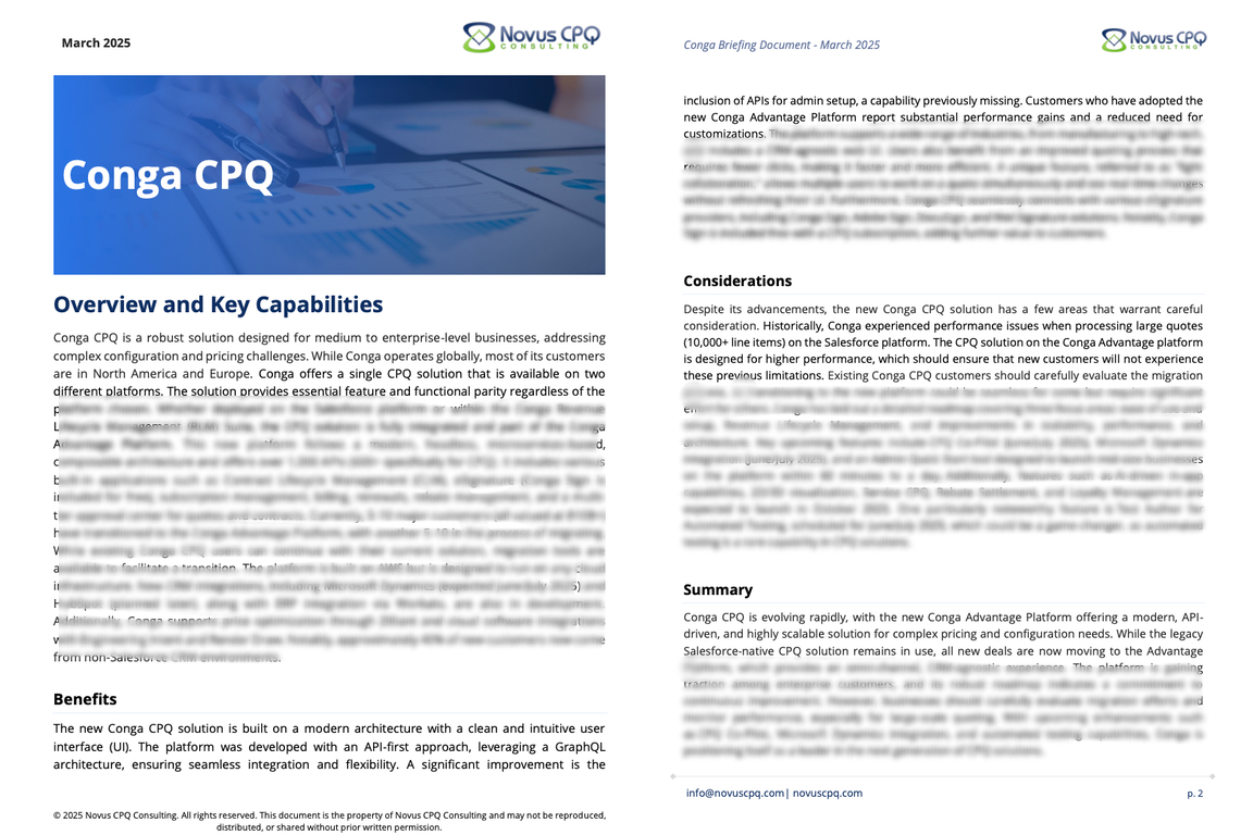 Conga CPQ Briefing – Example 2025 blurred A preview of the March 2025 Conga CPQ briefing, an example of the expert content available with a CPQ Briefing Subscription.